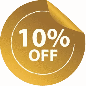 A gold sticker with the word " 1 0 % off ".